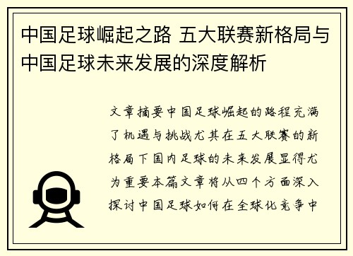 中国足球崛起之路 五大联赛新格局与中国足球未来发展的深度解析