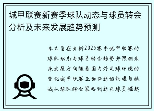 城甲联赛新赛季球队动态与球员转会分析及未来发展趋势预测